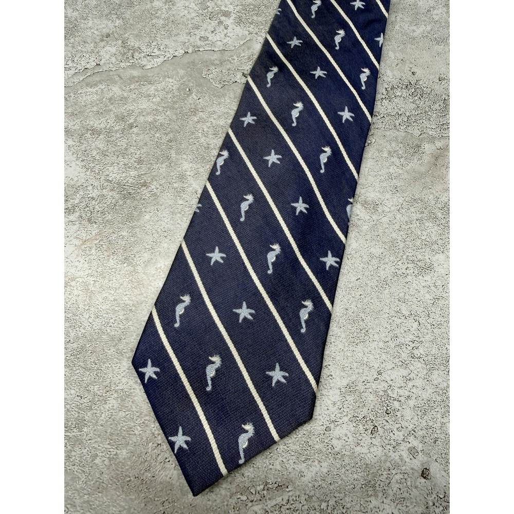 Lands' End Silk Tie Mens OS Blue Iridescent Striped Pointed USA Necktie Seahorse